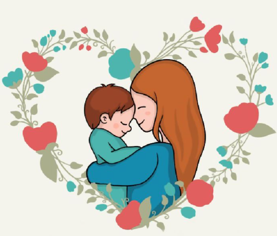 mãe encostando o rosto no bebê em desenho, como um quadro. há um coração desenhado em torno deles, feito de rosas