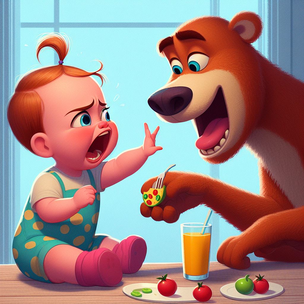 Bebê sentada sobre a mesa rejeitando alimento oferecido pela mamãe ursa