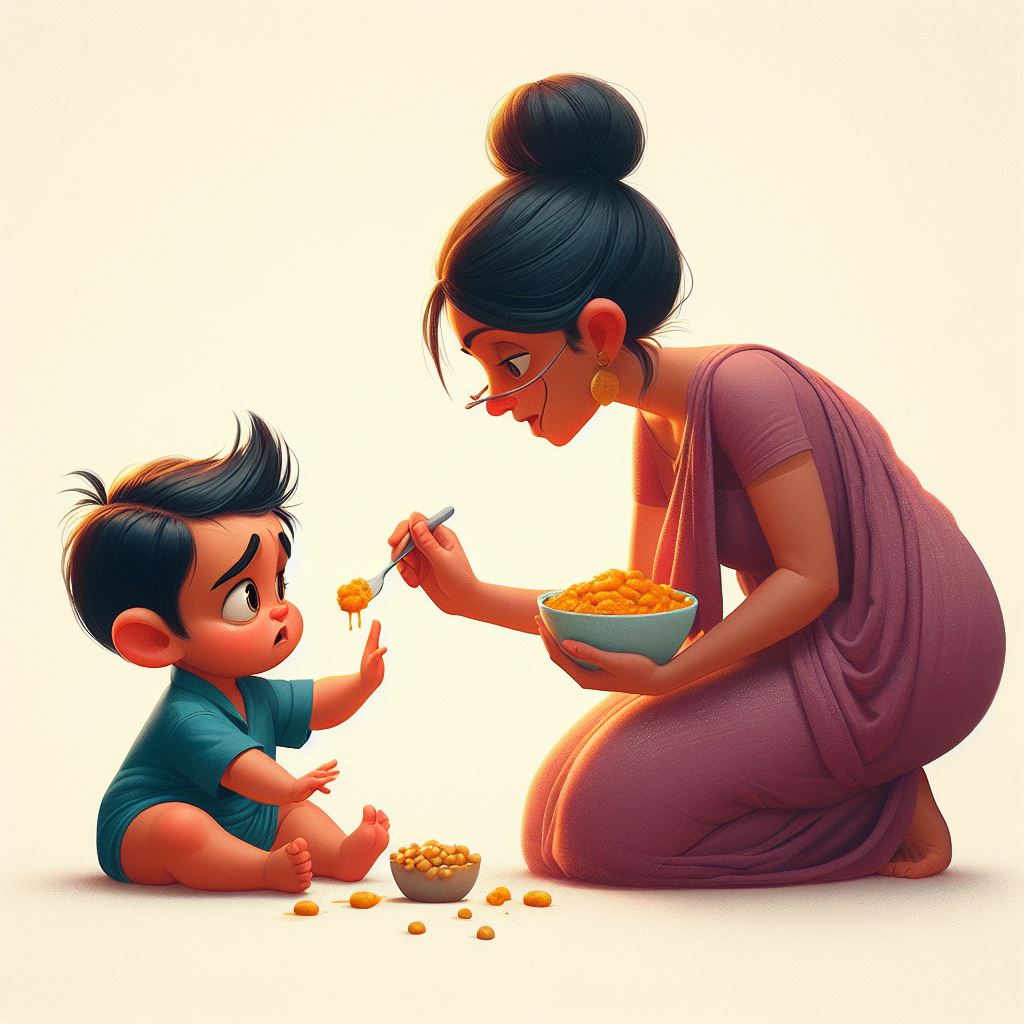 bebê rejeitando um alimento oferecido pela mãe, que olha de forma paciente para seu filho
