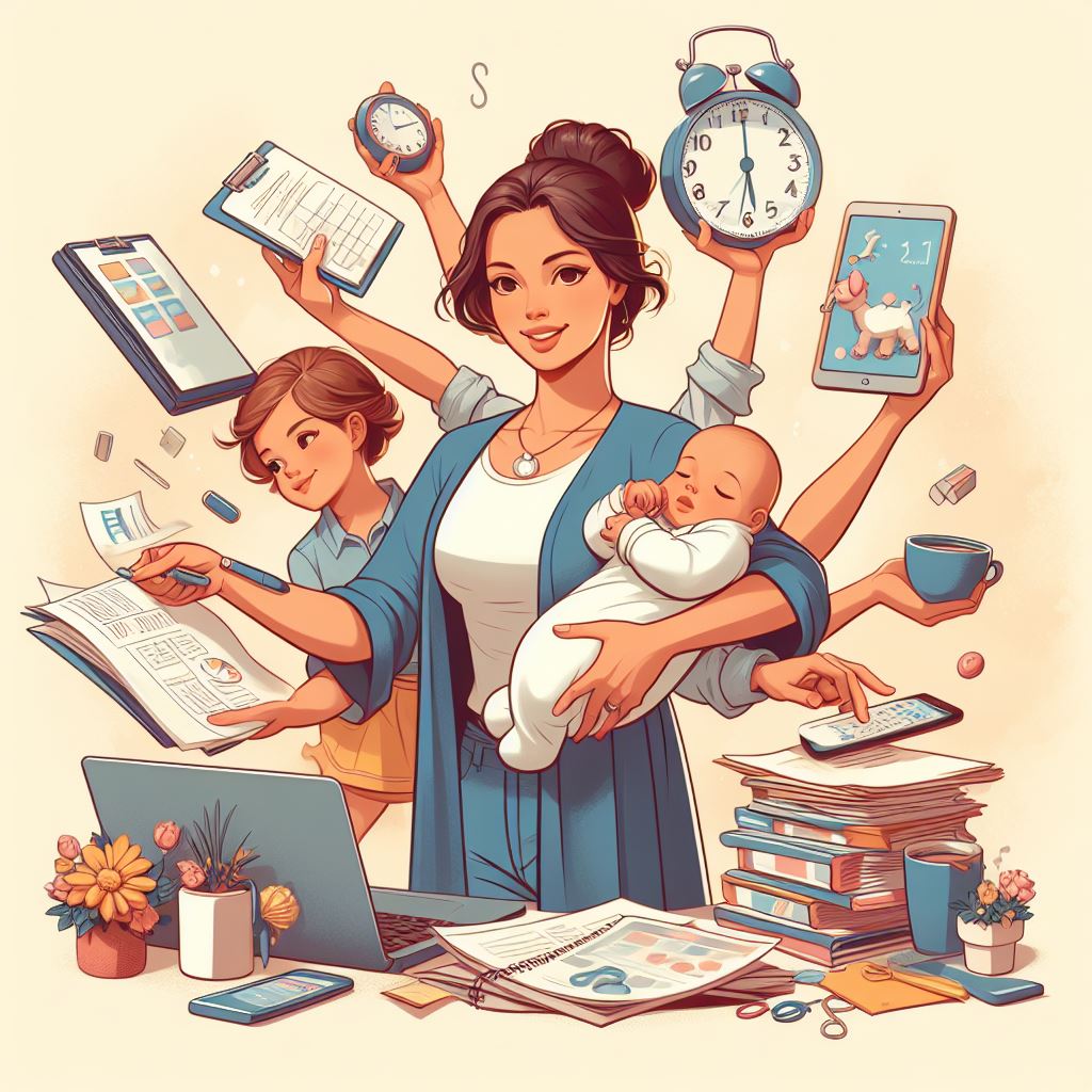 Mãe empreendedora com bebê no colo e outro filho ao lado, diversos braços ao redor. cada braço executando uma tarefa diferente
