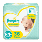 Capa com fundo branco e detalhes dourados, destacando o bebê sorridente envolto em suavidade, com o selo “Premium Care” em destaque